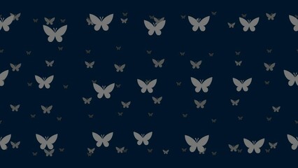 Poster - Butterfly symbols float horizontally from left to right. Parallax fly effect. Floating symbols are located randomly. Seamless looped 4k animation on dark blue background