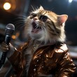 AI generated illustration of a tabby cat singing at a concert