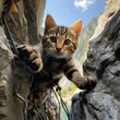 AI generated illustration of a playful, adventurous kitten climbing on a cliff