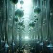 AI generated illustration of an intricate glass room adorned with numerous silver balls