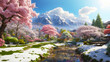 Panoramic view of a Japanese garden with cherry blossoms, a river and snow-covered mountain peaks. Snow melts under the warm spring sunshine.