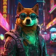 AI generated illustration of a dog in superhero outfit in neon lights