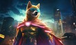 AI generated illustration of a dog in superhero outfit in neon lights