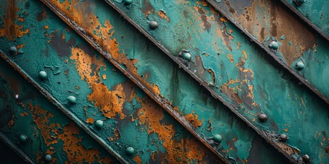 Wall Mural - Close-up rusted metal design, in a harmonious blend of green and blue colors.