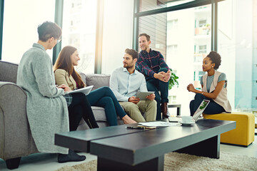 Poster - Business people, modern office and creative project with planning, teamwork and cooperation with feedback and review. Design team, collaboration or group with brainstorming and synergy with PR agency
