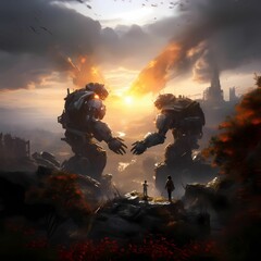 Sticker - AI generated illustration of robotic mechs engaged in a dynamic battle on a mountainous landscape