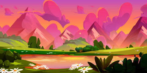 Wall Mural - Mountain landscape with lake and daisy flowers on banks on sunset or sunrise. Pond or river near foot of high rocky hills with orange and pink gradient sky with clouds. Cartoon vector evening scenery.