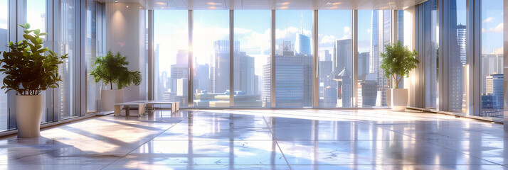 Wall Mural - Sleek Office Interior with Cityscape View, Modern Design and Spacious Meeting Area