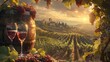 two glasses of wine atop a wooden barrel, accompanied by a bountiful bunch of grapes still attached to the vine, as the warm sun rays cast a golden hue over the picturesque landscape.
