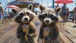 A crowded boardwalk witnesses a pair of raccoons accidentally swapping ice cream cones. 