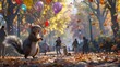 In a bustling city park, a pack of squirrels discovers a stash of helium balloons. Fairy tale illustration. 