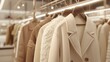 A sophisticated display of a white-beige coat and sweater on hangers in a high-end fashion store. These classic pieces showcase timeless elegance in women's fashion.