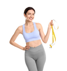 Sticker - Happy young woman with measuring tape showing her slim body against white background