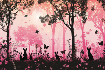 Wall Mural - AI generated illustration of pink flowers, rabbits, and butterflies in a forest painting