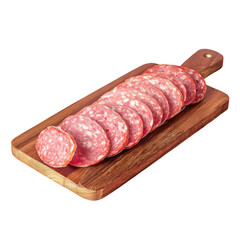 Poster - Sliced sausage on cutting board against Transparent Background