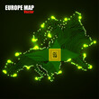Abstract Europe map with cpu. Glowing circuit board. Neon technology map