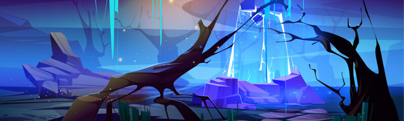 Wall Mural - magic portal in fantasy game landscape background. night alien planet scene with blue lightning gate