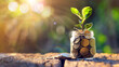 a jar with coins and a growing plant on a wooden table on a blurred background