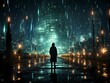 AI generated illustration of a person in the rain at night, illuminated by the shining city lights