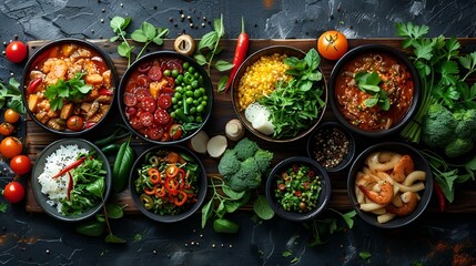 Wall Mural - Assorted food in bowls on a wood surface in rows, AI-generated.