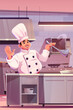 Chef on restaurant kitchen interior cook food vector commercial illustration. Professional equipment and man character busy cooking scene. 3d dish preparation with cooker cartoon graphic background