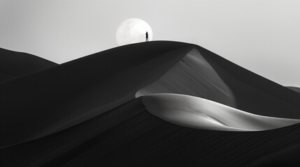 Wall Mural - the man is walking on top of the dune dunes towards a light