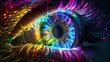 AI generated illustration of a close-up of eye reflecting colorful lights in the pupil