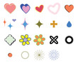 Variety of simple shapes, hearts, sparkles, diamonds, crosses, teardrop, flowers, and stars