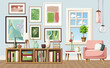 Living room interior design with a blue wall, a pink armchair, a shelving, a window, and paintings on the wall. Modern living room interior design. Cartoon vector illustration