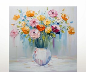 Poster - AI generated illustration of a vibrant oil painting of a colorful bouquet of flowers on a table