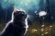 AI generated illustration of a cat in a lush grassy field at night, looking curiously at dandelion