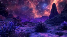 Alien Landscape: A Rocky Alien Landscape With Strange Plants And A Purple Sky Cut In Half Vertically, On A Black Background With Glowing Stars.