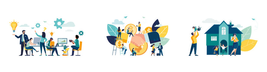 Vector illustration set. Family, buying a house, financial business concept. Businessmen, contract. Brainstorming, office work, corporate presentation, creative ideas and solutions, teamwork, penny