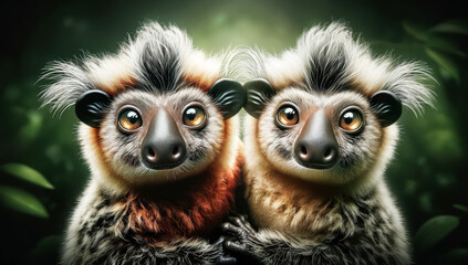 Poster - AI generated illustration of two cute lemurs with large eyes and fluffy fur on a leafy background