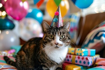 Poster - AI generated illustration of a festive cat in a party hat surrounded by presents on a bed