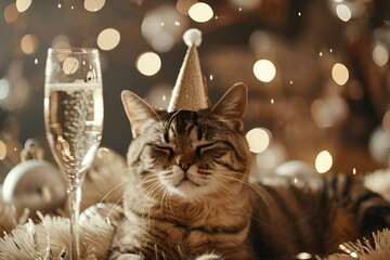 Poster - AI generated illustration of a festive cat in a party hat sits beside a glass of champagne