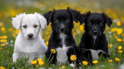 Canvas Print - Three puppies are sitting in a field of yellow flowers