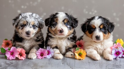 Wall Mural - Three puppies are laying on a table with flowers in front of them