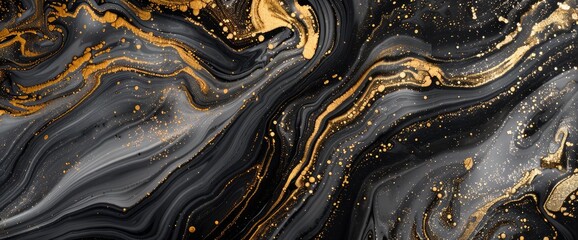 Wall Mural - Abstract fluid art background with swirling patterns of liquid marble and gold on black, luxury texture. The design is perfect for backgrounds, wallpaper or coverings