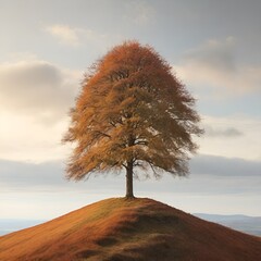 Poster - AI generated illustration of a mature tree stands on a grassy hilltop