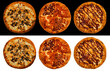 Set of three pizzas isolated on white and black backgrounds