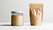 Two eco-friendly packaging containers: a glass jar with aluminum lid and a paper stand-up pouch on a white background.