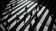 AI generated illustration of a monochrome scene of pedestrians crossing an intersection in a city