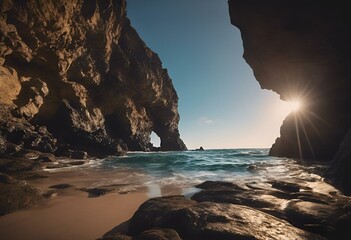 Wall Mural - sunlight shining down on the ocean below a cliff face formation