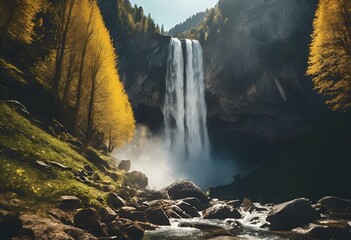 Poster - AI-generated illustration of a Waterfall cascading from a yellow tree-lined canyon