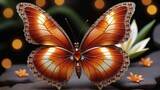 Fototapeta Londyn - an orange butterfly with an interesting look sits on rocks near some flowers