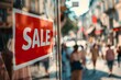 © maria_lh - A for sale sign in a storefront window and people on a summer street in the background