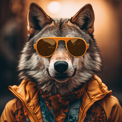 Wall Mural - Portrait of a wolf wearing sunglasses, wearing a cool outfit.