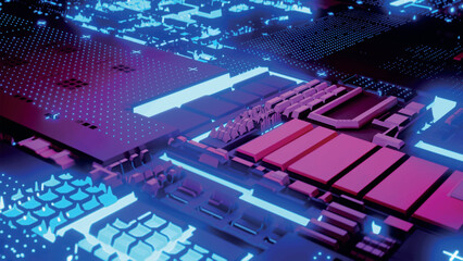 Poster - Futuristic electronic circuit board. Concept of central computer processors. Technological and scientific justification. Abstract communication processor. 3D vector illustration