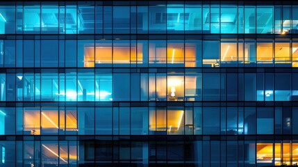 Wall Mural - Fragment of the glass facade of a modern corporate building at night. Modern glass office in city.